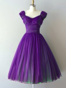 Purple A-line Chiffon V-neck Cap Sleeves Ruching Knee Length Lace Up Damas Dress