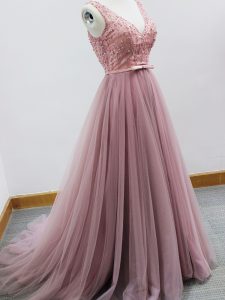 Affordable Pink A-line Tulle V-neck Sleeveless Beading and Belt Zipper Quinceanera Court of Honor Dress Brush Train