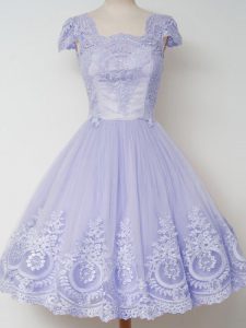 Pretty Lavender Dama Dress for Quinceanera Prom and Party and Wedding Party with Lace Square Cap Sleeves Zipper