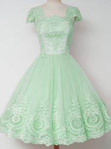 Romantic Apple Green Cap Sleeves Tulle Zipper Court Dresses for Sweet 16 for Prom and Party and Wedding Party