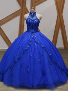 Classical Sleeveless Tulle Brush Train Lace Up Ball Gown Prom Dress in Royal Blue with Appliques
