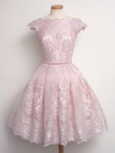 Fabulous Knee Length Baby Pink Damas Dress Scalloped Cap Sleeves Lace Up
