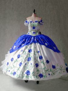 Floor Length Blue And White Quinceanera Gowns Organza and Taffeta Cap Sleeves Embroidery and Ruffles