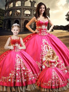 Sleeveless Taffeta Floor Length Lace Up Ball Gown Prom Dress in Hot Pink with Beading and Embroidery