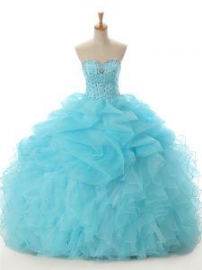 Sweetheart Sleeveless Quinceanera Gown Floor Length Beading and Ruffled Layers Aqua Blue Organza