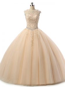 Cute Champagne Ball Gowns Scoop Sleeveless Tulle Floor Length Lace Up Beading and Lace Sweet 16 Dress