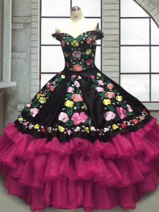 Off The Shoulder Sleeveless Organza and Taffeta Sweet 16 Dress Embroidery and Ruffled Layers Lace Up