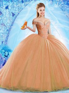 Amazing Off The Shoulder Sleeveless Quince Ball Gowns Brush Train Beading Orange Organza