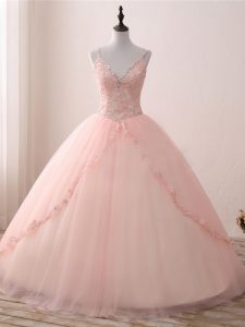 Graceful Pink Ball Gowns Beading and Appliques Sweet 16 Dress Lace Up Tulle Sleeveless Floor Length