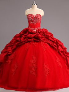 Fashion Red Ball Gowns Taffeta and Tulle Sweetheart Sleeveless Beading and Appliques and Pick Ups Lace Up 15 Quinceanera Dress Court Train
