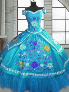 Fitting Floor Length Teal Quince Ball Gowns Taffeta Short Sleeves Beading and Embroidery