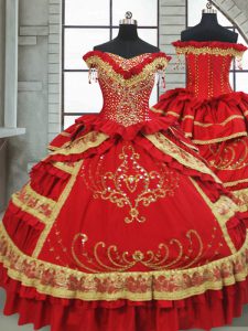 Perfect Red Off The Shoulder Zipper Beading and Embroidery and Ruffled Layers Sweet 16 Dress Cap Sleeves