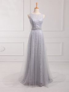 Popular Tulle and Lace Sleeveless Quinceanera Court of Honor Dress Brush Train and Beading and Lace
