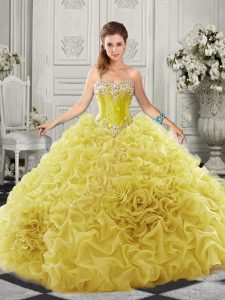 Sweetheart Sleeveless Quinceanera Gowns Court Train Beading and Ruffles Yellow Organza