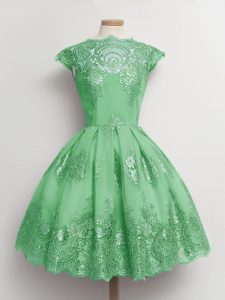 Green Cap Sleeves Knee Length Lace Lace Up Quinceanera Court Dresses