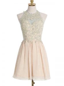 Suitable Champagne Chiffon Lace Up Halter Top Sleeveless Knee Length Damas Dress Appliques