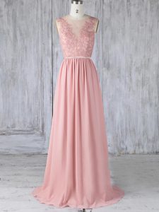 Chiffon Sleeveless Quinceanera Court of Honor Dress Sweep Train and Appliques