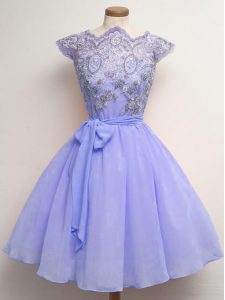 Customized Lavender Scalloped Neckline Lace and Belt Dama Dress Cap Sleeves Lace Up