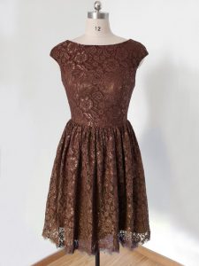 Flare Brown Scoop Lace Up Lace Quinceanera Court Dresses Cap Sleeves