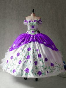 Floor Length White And Purple 15 Quinceanera Dress Off The Shoulder Cap Sleeves Lace Up