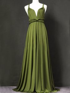 Custom Designed Sleeveless Chiffon Floor Length Criss Cross Quinceanera Court Dresses in Olive Green with Ruching