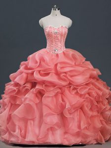 Watermelon Red Ball Gowns Beading and Ruffles and Pick Ups Ball Gown Prom Dress Lace Up Organza Sleeveless Floor Length