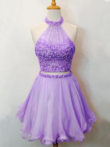 Lavender Organza Lace Up Dama Dress Sleeveless Knee Length Beading