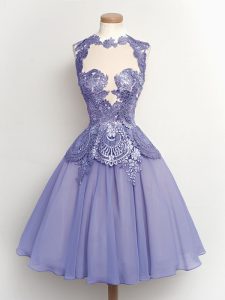 Fantastic Knee Length Lilac Quinceanera Court of Honor Dress High-neck Sleeveless Lace Up