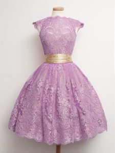 Cap Sleeves Knee Length Belt Lace Up Quinceanera Court Dresses with Lilac