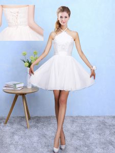 Elegant Halter Top Sleeveless Quinceanera Court of Honor Dress Mini Length Lace and Appliques White Chiffon