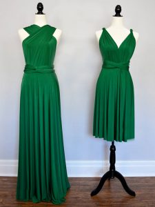 Dark Green Vestidos de Damas Prom and Party and Wedding Party with Ruching Halter Top Sleeveless Lace Up