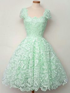 Beauteous Apple Green Straps Lace Up Lace Quinceanera Dama Dress Cap Sleeves