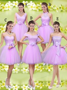 Lilac Lace Up Dama Dress Lace and Belt Sleeveless Knee Length