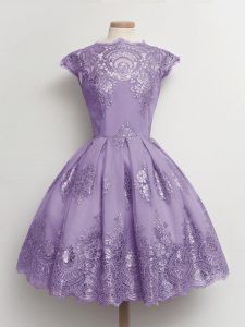Unique Lace Scalloped Cap Sleeves Lace Up Lace Court Dresses for Sweet 16 in Lavender