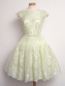 Scalloped Cap Sleeves Lace Up Quinceanera Dama Dress Light Yellow Lace