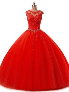 Custom Design Red Ball Gowns Tulle Scoop Sleeveless Beading and Lace Floor Length Lace Up Vestidos de Quinceanera
