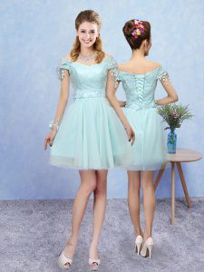 Modest Short Sleeves Tulle Mini Length Lace Up Damas Dress in Aqua Blue with Lace