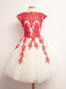 Luxury White And Red A-line Tulle Scalloped Sleeveless Appliques Mini Length Lace Up Quinceanera Court Dresses