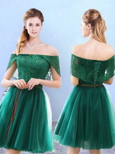 Best Olive Green Tulle Lace Up Dama Dress Cap Sleeves Knee Length Lace