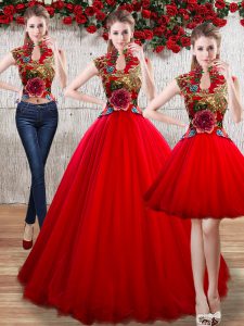 Red Organza Lace Up Quinceanera Dresses Sleeveless Floor Length Appliques
