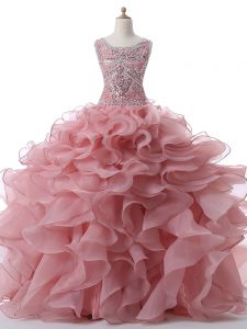 Latest Pink Ball Gowns Organza Scoop Sleeveless Beading and Ruffles Floor Length Zipper Quinceanera Gown