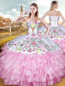 New Arrival Rose Pink 15th Birthday Dress Military Ball and Sweet 16 and Quinceanera with Embroidery and Ruffled Layers Sweetheart Sleeveless Lace Up