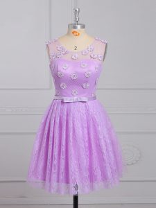 Lilac Empire Lace Scoop Sleeveless Appliques and Belt Mini Length Lace Up Court Dresses for Sweet 16