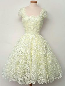 Straps Cap Sleeves Dama Dress for Quinceanera Knee Length Lace Yellow Lace