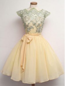 Knee Length A-line Cap Sleeves Champagne Court Dresses for Sweet 16 Lace Up