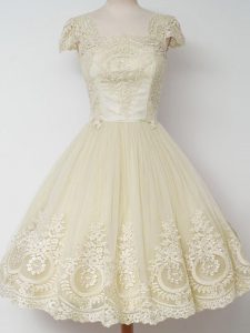 Square Cap Sleeves Zipper Quinceanera Court Dresses Light Yellow Tulle