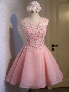 New Style Mini Length Lace Up Dama Dress Pink for Prom and Party and Wedding Party with Lace