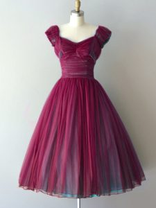 Trendy Burgundy V-neck Lace Up Ruching Quinceanera Court of Honor Dress Cap Sleeves
