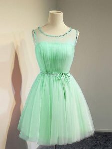 Fantastic Apple Green Empire Scoop Sleeveless Tulle Knee Length Lace Up Belt Dama Dress for Quinceanera