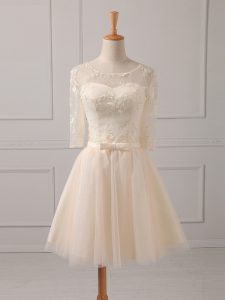 Pretty Champagne A-line Scoop Half Sleeves Tulle Mini Length Lace Up Lace and Belt Quinceanera Court Dresses